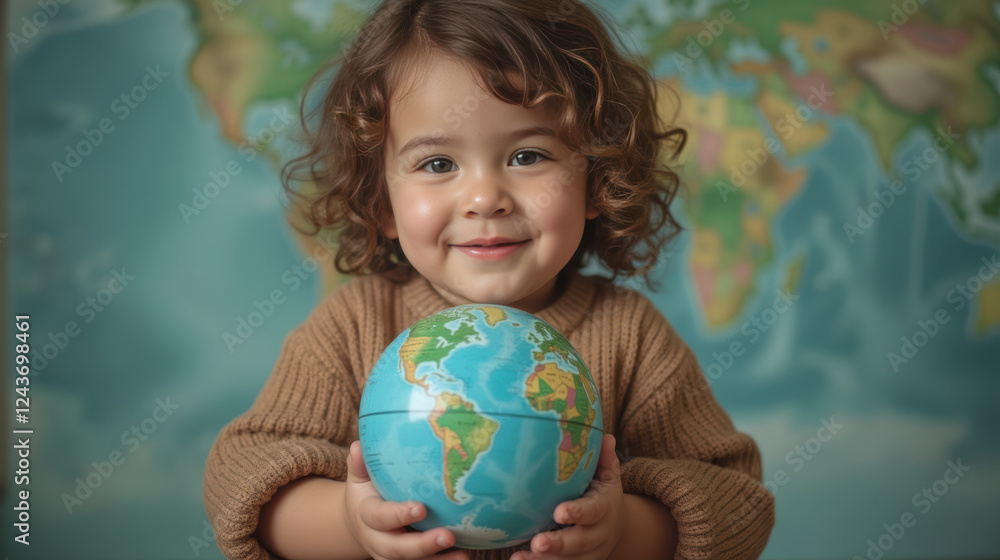 Child holding globe, smiling, with world map background, joyful expression Child holding globe, smiling, with world map background, joyful expression