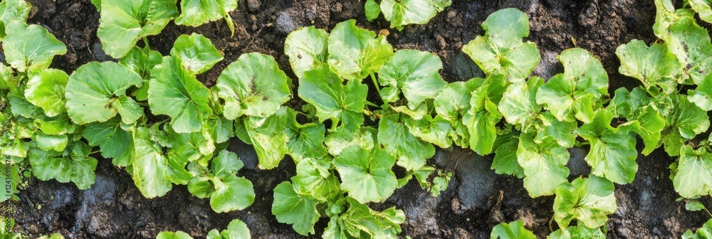 Aerial view of lush green pumpkin leaves in rich soil on a farm Aerial view of lush green pumpkin leaves in rich soil on a farm