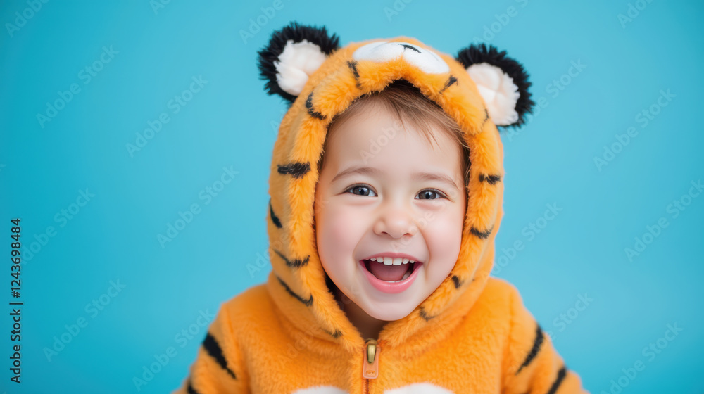 joyful child in tiger costume smiles brightly against blue background joyful child in tiger costume smiles brightly against blue background