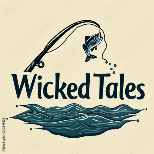 A vintage-style graphic featuring the words "Wicked Tales" in bold, stylized lettering, with a fishing rod and a fish caught on the line.