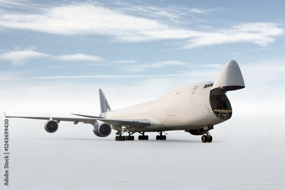 Fototapeta premium Wide body cargo transport aircraft with an open nose hatch isolated on bright background with sky