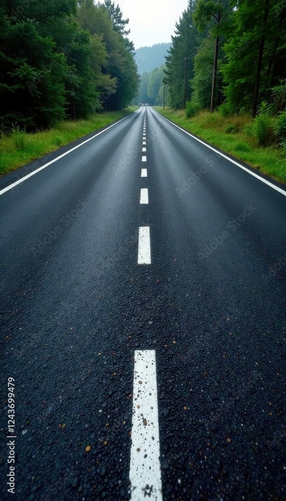 Obraz premium Newly paved black road, sharp white lines dividing lanes , motion, asphalt