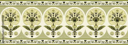 Seamless border pattern with various whimsical flowers. Central Asian, Suzani style. Clipping mask applied.