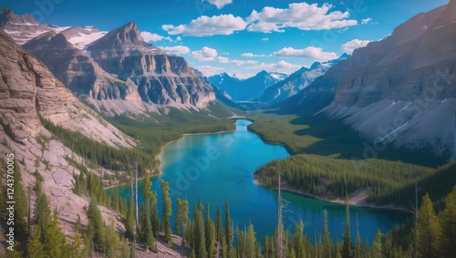 Aerial panorama of pristine Lake Louise embraced by towering mountains and lush forests in Alberta, Canada under a bright blue sky.