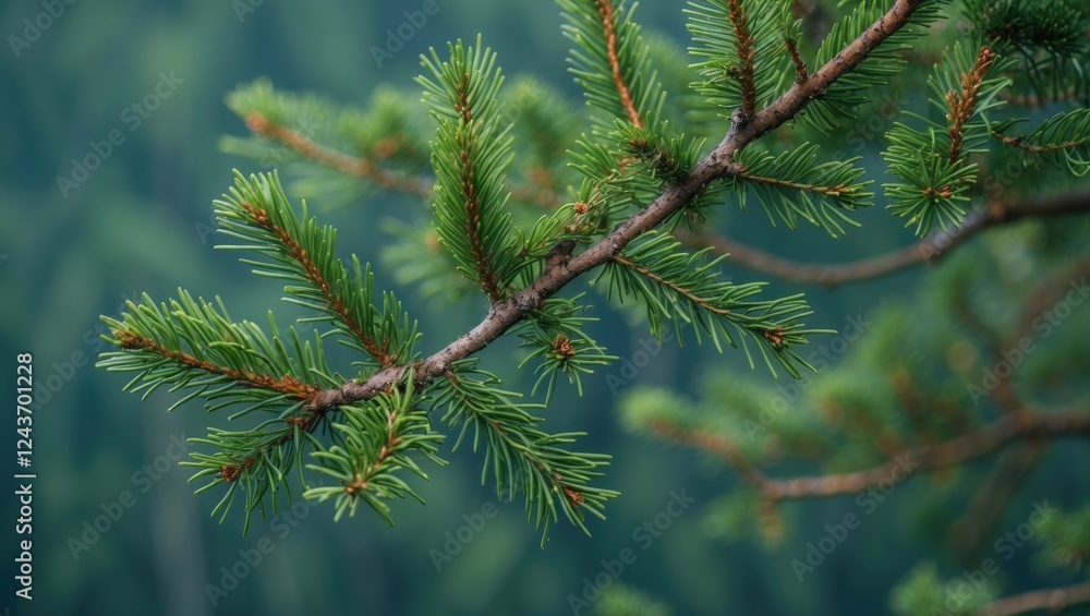 Φωτογραφία Lush green pine tree branch showcasing detailed needles and natural beauty against a blurred forest background