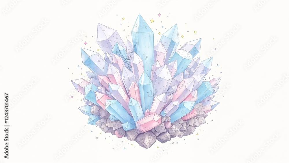 Fototapeta premium Watercolor Crystal Cluster in Pastel Colors with Copy Space