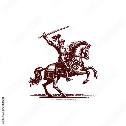 Noble Knight on Horseback Holding Sword, Ready for Battle and Displaying Courage