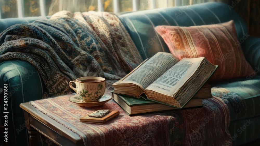 A cozy reading nook featuring books, a cup of tea, and a warm blanket. A cozy reading nook featuring books, a cup of tea, and a warm blanket.