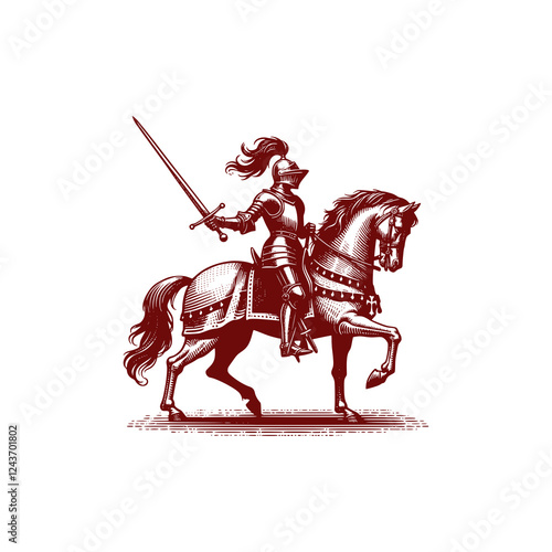 Noble Knight on Horseback Holding Sword, Ready for Battle and Displaying Courage