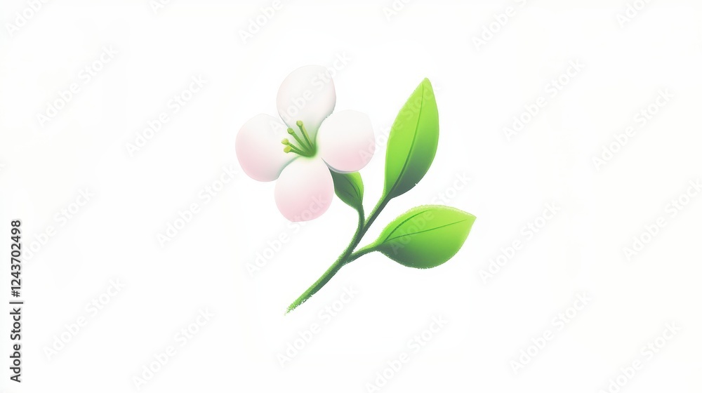 Delicate Blooming Flower with Green Leaves on White Background Delicate Blooming Flower with Green Leaves on White Background