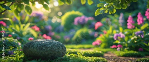 Fototapeta Naklejka Na Ścianę i Meble -  Lush garden scene with vibrant flowers and a serene stone centerpiece surrounded by soft, natural light and greenery.