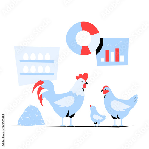 Chickens And Farm Data In Flat Vector Illustration Symbolizing Poultry Farming, Egg Production, And Agricultural Statistics, Isolated On White Background