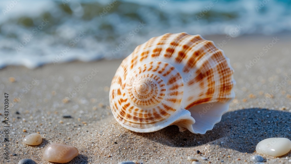 Beautiful seashell on sandy beach with pebbles and gentle waves, perfect for summer themes and nature backgrounds, featuring empty text space. Beautiful seashell on sandy beach with pebbles and gentle waves, perfect for summer themes and nature backgrounds, featuring empty text space.