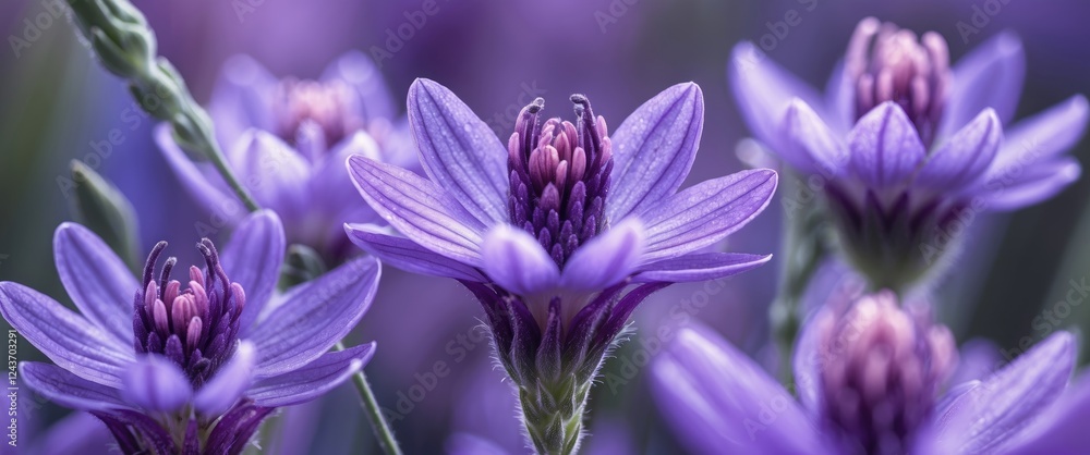 Delicate Macro View of Vibrant Purple Flowers in Bloom with Detailed Petals and Rich Textures Delicate Macro View of Vibrant Purple Flowers in Bloom with Detailed Petals and Rich Textures