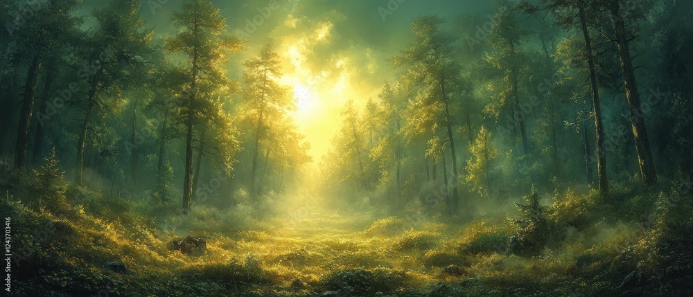 Obraz premium Ethereal Green Misty Forest Landscape Impressionistic Art