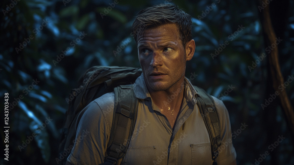 Fototapeta premium A white man in the hiking gear backpack looks lost tried and confused background deep dark jungle