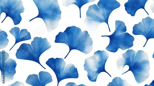 Blue Ginkgo Leaf Pattern on White Background