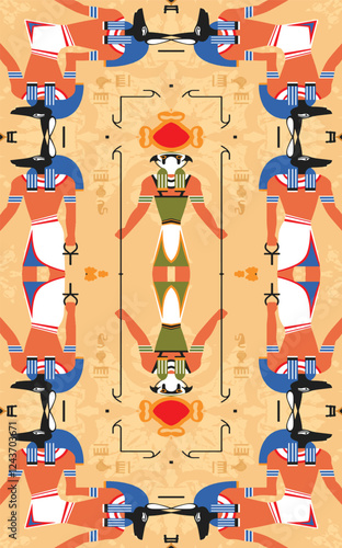  "Ancient Egyptian Symmetrical Pattern with Anubis and Horus Gods - Modern Vector Art"
