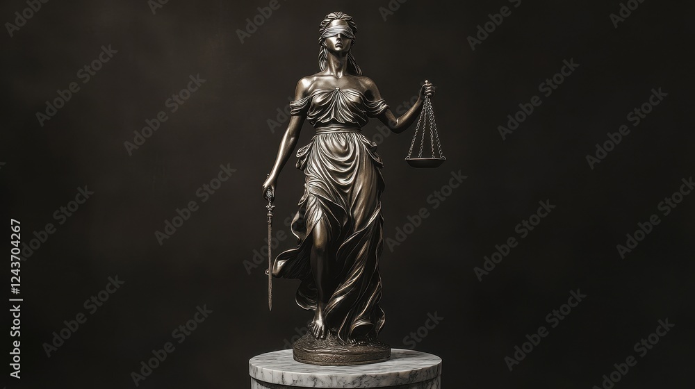 Bronze Lady Justice Statue on Marble Base Dark Background Bronze Lady Justice Statue on Marble Base Dark Background