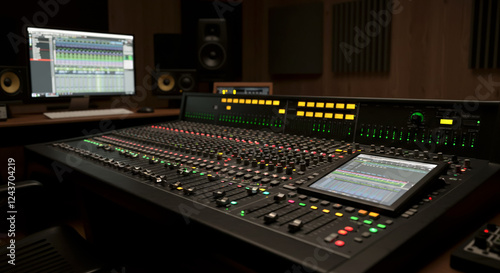 a Modern Music Production Studio featuring a professional audio mixing  for creative sound recording and mixing