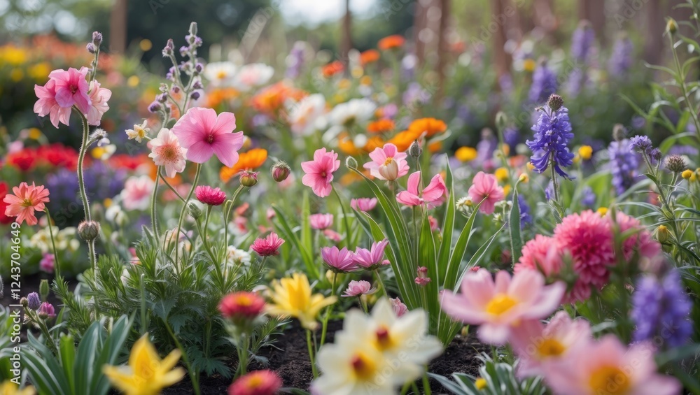 Vibrant closeup of a colorful flower garden showcasing a variety of blossoms in full bloom against a lush green backdrop. Vibrant closeup of a colorful flower garden showcasing a variety of blossoms in full bloom against a lush green backdrop.