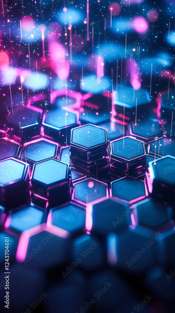 Neon hexagonal patterns with dividing lines and blurred background Neon hexagonal patterns with dividing lines and blurred background