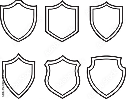 Shield icon set in vintage style. Protect shield security line icons. Badge quality symbol, sign, logo or emblem.