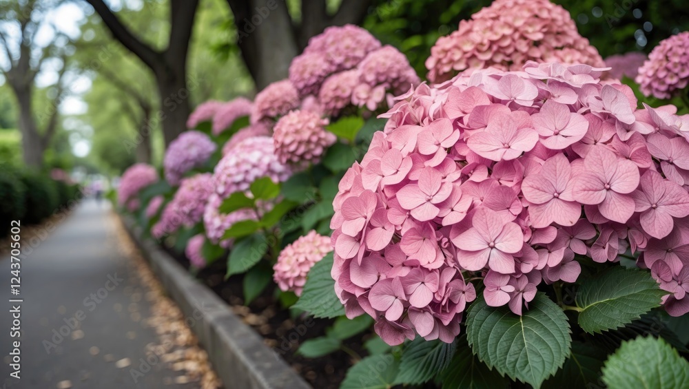 Blooming Hydrangea Bushes Along a Serene Park Pathway with Lush Greenery and Soft Focus on Vibrant Pink Flowers in the Garden. Blooming Hydrangea Bushes Along a Serene Park Pathway with Lush Greenery and Soft Focus on Vibrant Pink Flowers in the Garden.