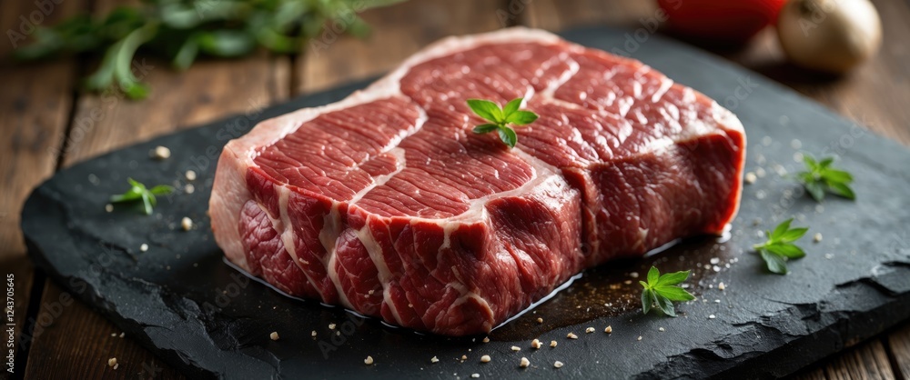 Fresh raw beef steak on a black slate plate garnished with herbs, set against a rustic wooden background showcasing culinary ingredients. Fresh raw beef steak on a black slate plate garnished with herbs, set against a rustic wooden background showcasing culinary ingredients.