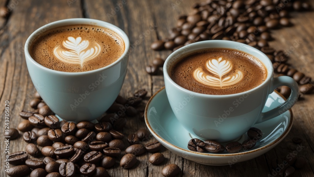 Two elegant cups of coffee with latte art on a rustic wooden table surrounded by coffee beans Two elegant cups of coffee with latte art on a rustic wooden table surrounded by coffee beans