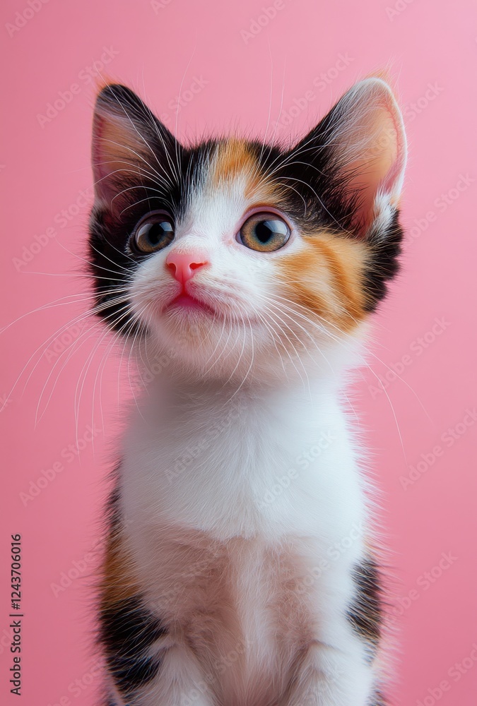 Obraz premium Adorable and Curious Calico Kitten with Bright Eyes Posing Against Soft Pink Background, Captivating Expression and Fluffy Fur, Perfect for Pet Lovers