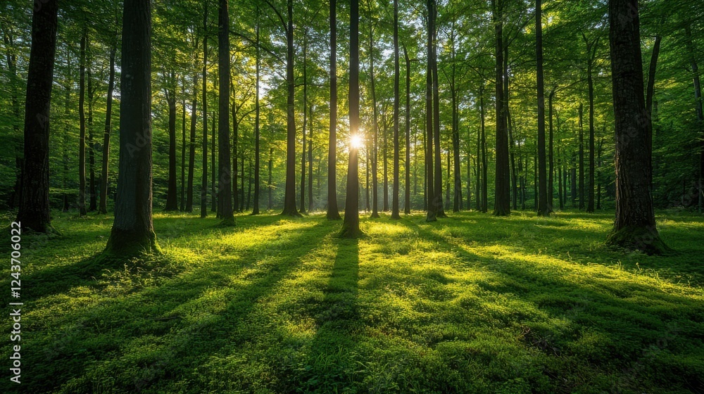 Obraz premium Sunlight filters through tall trees in a serene forest, evoking tranquility and natural harmony.