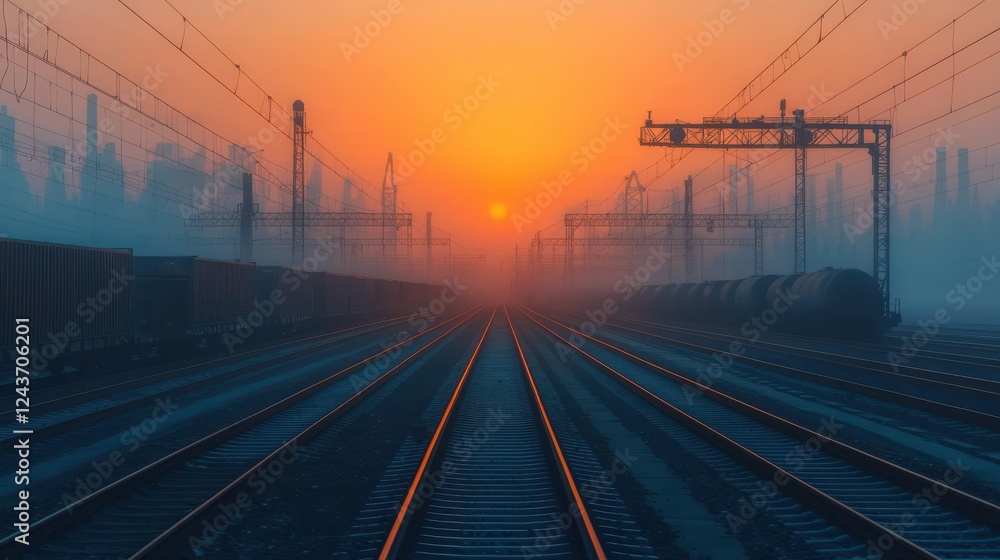 Fototapeta premium Bustling train yard at sunset with freight cars and cargo loading Industrial transportation and logistics hub with silhouetted cranes containers and busy activity