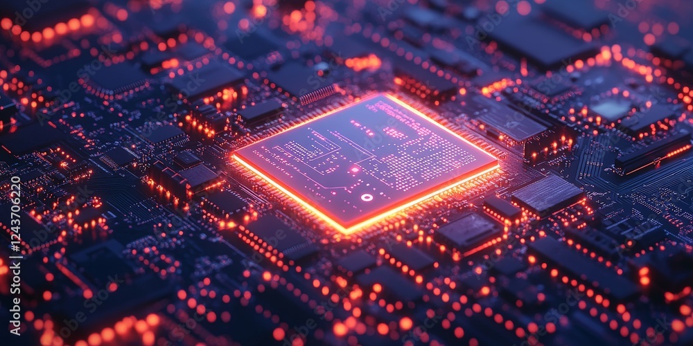 A futuristic digital circuit board with glowing lines and microchips, representing technological advancement and innovation. Perfect for tech-related content, cybersecurity, and AI themes. A futuristic digital circuit board with glowing lines and microchips, representing technological advancement and innovation. Perfect for tech-related content, cybersecurity, and AI themes.