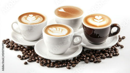 Cappuccinos with latte art, surrounded by coffee beans, on a white table