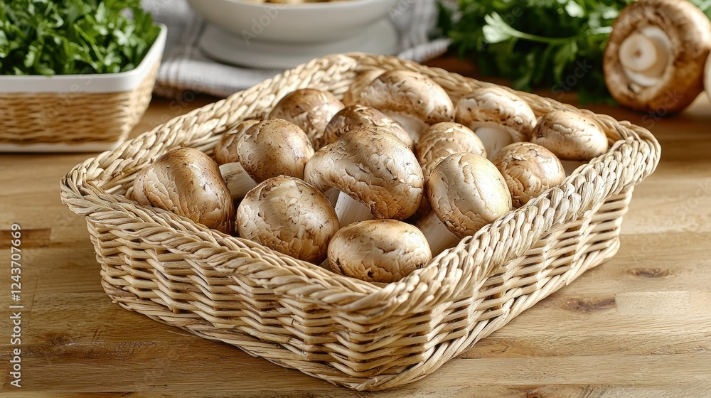 Brown mushrooms in woven basket on wooden kitchen counter with herbs in background Brown mushrooms in woven basket on wooden kitchen counter with herbs in background