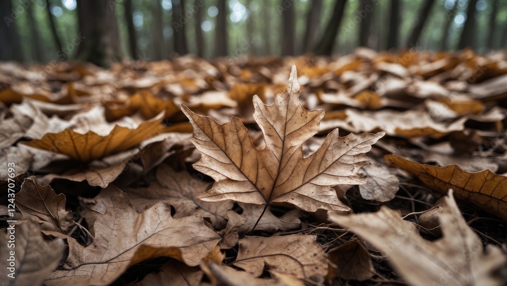 Closeup of dry textured leaves scattered on the forest floor during autumn creating a warm and tranquil natural scene Closeup of dry textured leaves scattered on the forest floor during autumn creating a warm and tranquil natural scene
