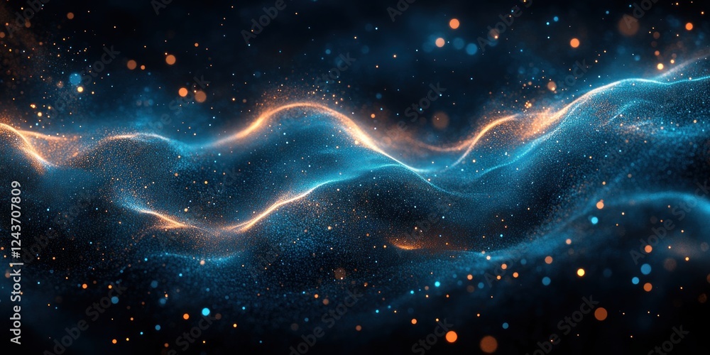 Fototapeta premium Abstract Wavy Particle Wave Pattern in Blue Green Gradient with Light on Black Background Digital Art