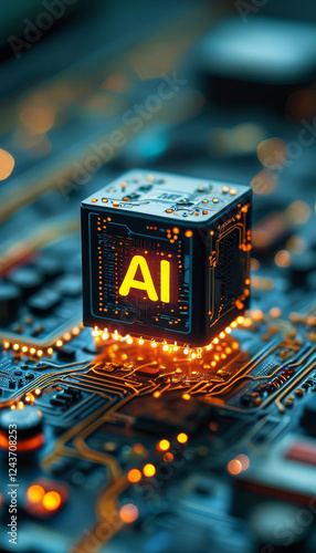 Artificial intelligence hardware concept: close up view of microchip on circuit board with the letter 