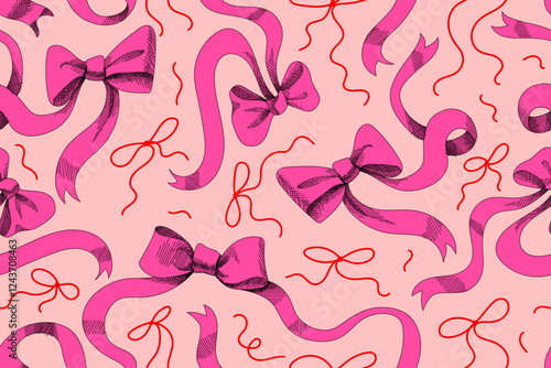 Seamless pattern with bows and ribbons in pink colors. Elegant bows with long wavy and twisted ribbons. Sketch style. Vector illustration, doodle hand drawn.