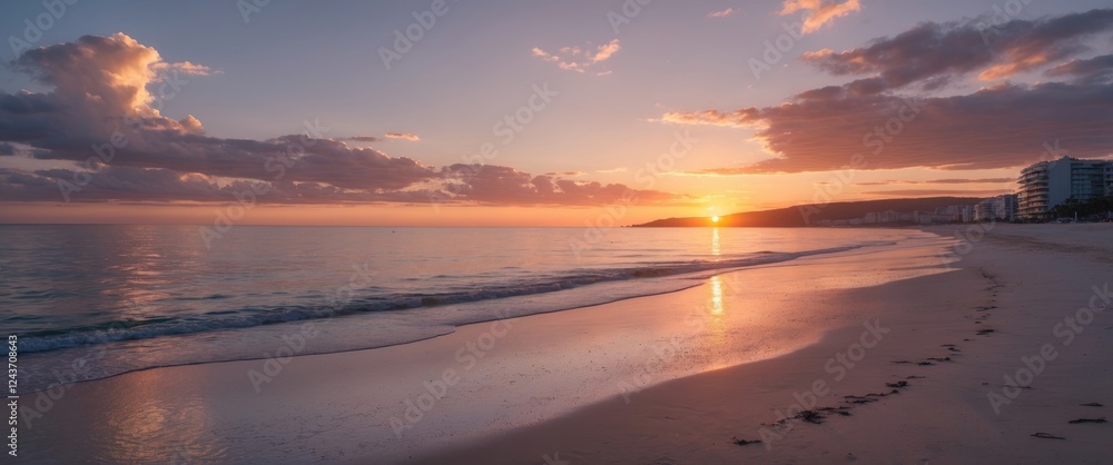 Naklejka premium Calm beach scene at sunset with vibrant colors reflecting on the water and sandy shore, ideal for text overlay and relaxation themes.