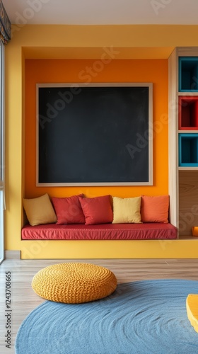 Kids  modern room with bold shapes and colors, functional furniture, empty wall for chalkboard or creative art space, fun and interactive photo