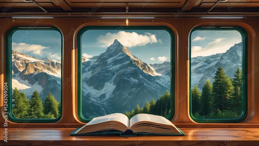 Fototapeta premium Scenic Mountain View Through Windows with Open Book on Table