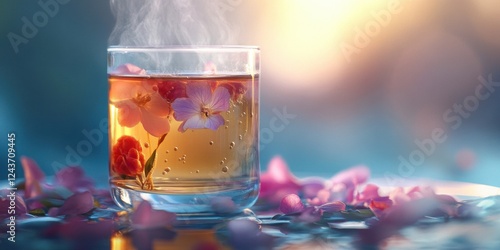 Stress-relief drinks infused with calming botanicals and herbal infusions steaming gently in a cozy setting promoting relaxation and tranquility photo