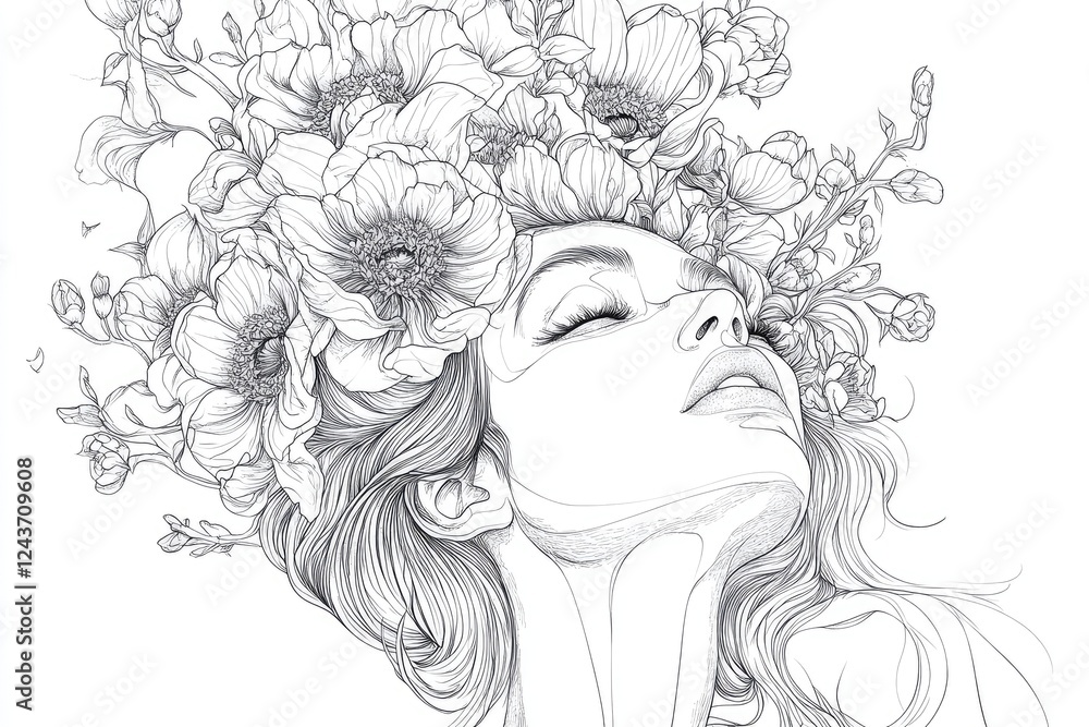 A line art drawing of a woman with flowers growing from her hair A line art drawing of a woman with flowers growing from her hair