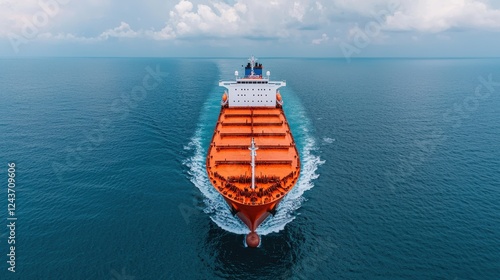A large cargo ship setting sail from the dock leaving behind rippling water and a scenic horizon  The ship is transporting containers and freight