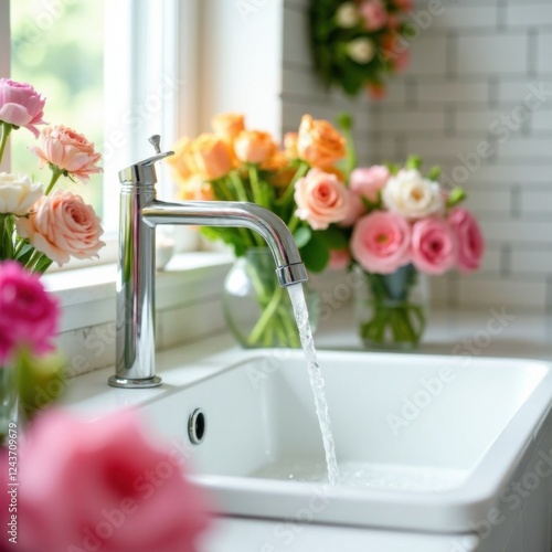 Close up water flows from the tap into a large white sink,  pastel colors image without shadows and dark colors, flower shop , surrounded by an array of vibrant pastel-colored flowers. white brick wal photo