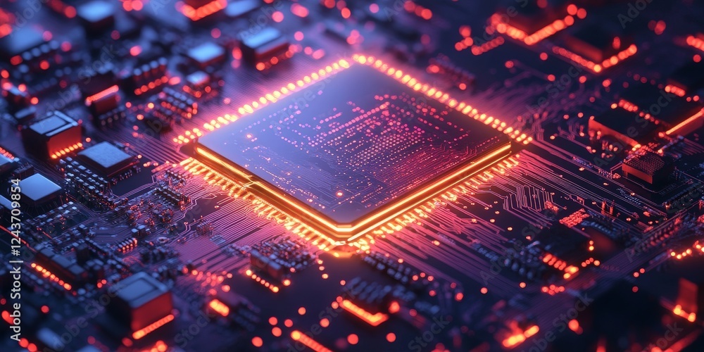 A futuristic digital circuit board with glowing lines and microchips, representing technological advancement and innovation. Perfect for tech-related content, cybersecurity, and AI themes. A futuristic digital circuit board with glowing lines and microchips, representing technological advancement and innovation. Perfect for tech-related content, cybersecurity, and AI themes.