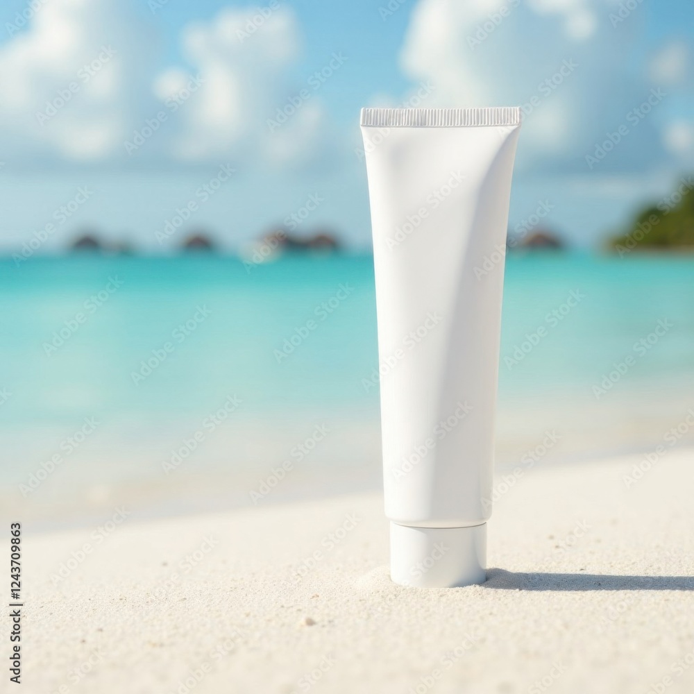 On left side of image white cosmetics cream tube without labels, tube stays on sand , blurred Maldives beach on background, mockup On left side of image white cosmetics cream tube without labels, tube stays on sand , blurred Maldives beach on background, mockup