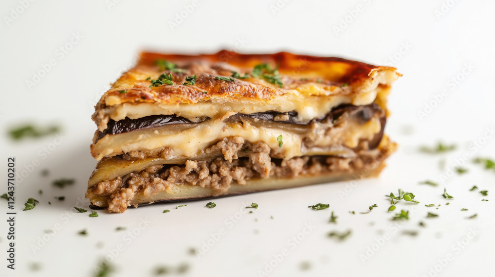 Delicious slice of moussaka with hearty layers of eggplant, potato, and meat Delicious slice of moussaka with hearty layers of eggplant, potato, and meat